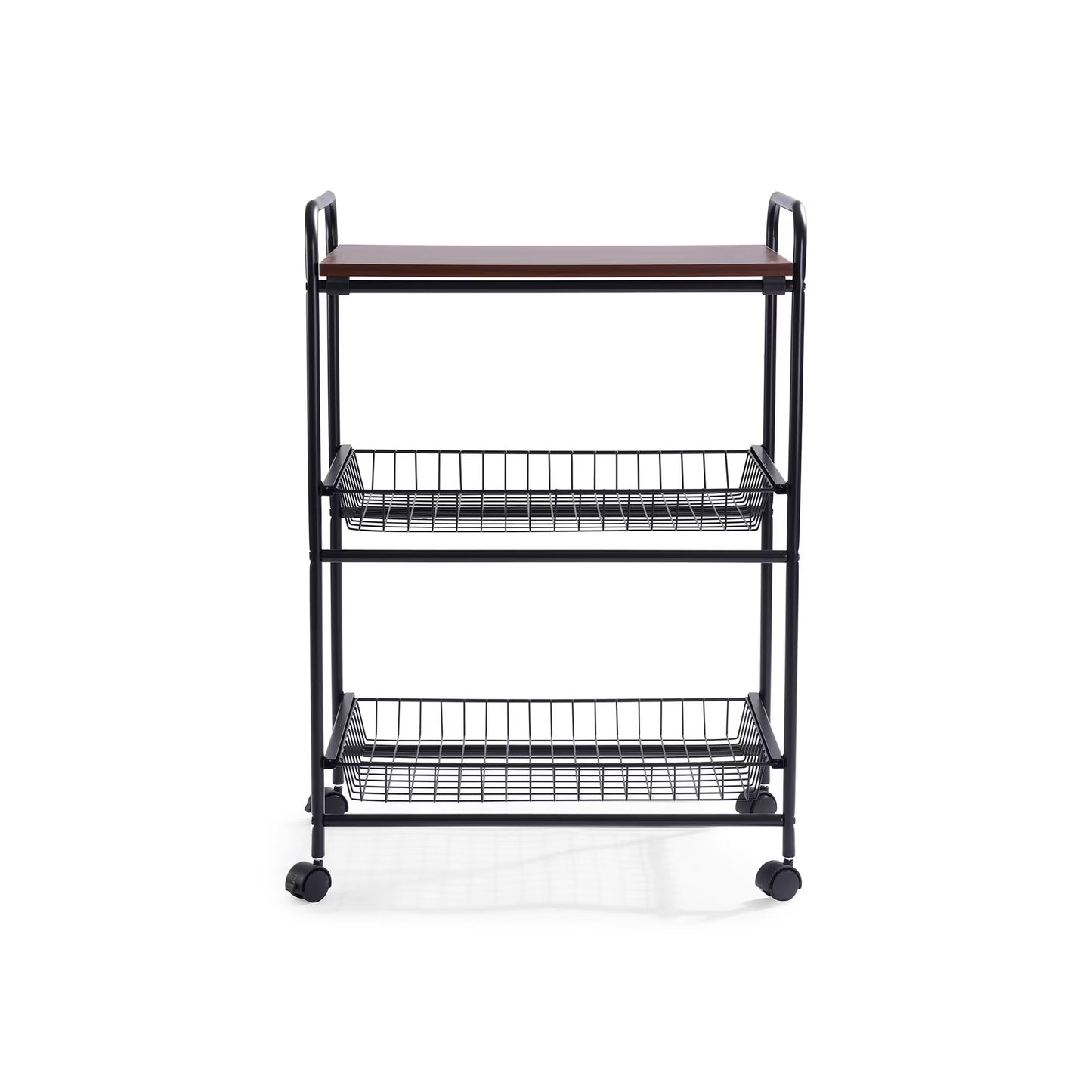3-Tier Kitchen Trolley with Wooden Top, Black Metal Storage Cart with Wheels