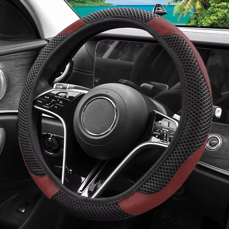 Non Inner Ring Ice Silk Mesh and PU Leather Steering Wheel Cover, Breathable Sweat Absorbing Universal Anti Slip Handle Protector for Cars, SUVs & Trucks