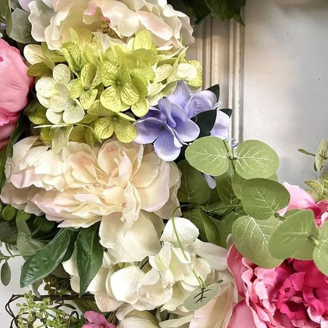 Multicolor Hydrangea Wreath with Synthetic Blooms and Green Leaves, 13in
