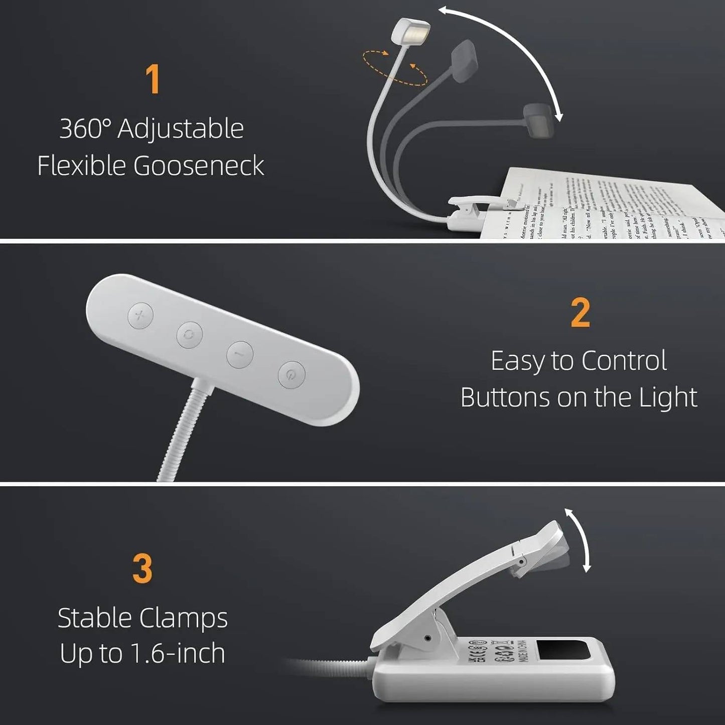 Clip On Book Light with 19 LED Beads and 3 Color Temperatures, 360 Degree Neck