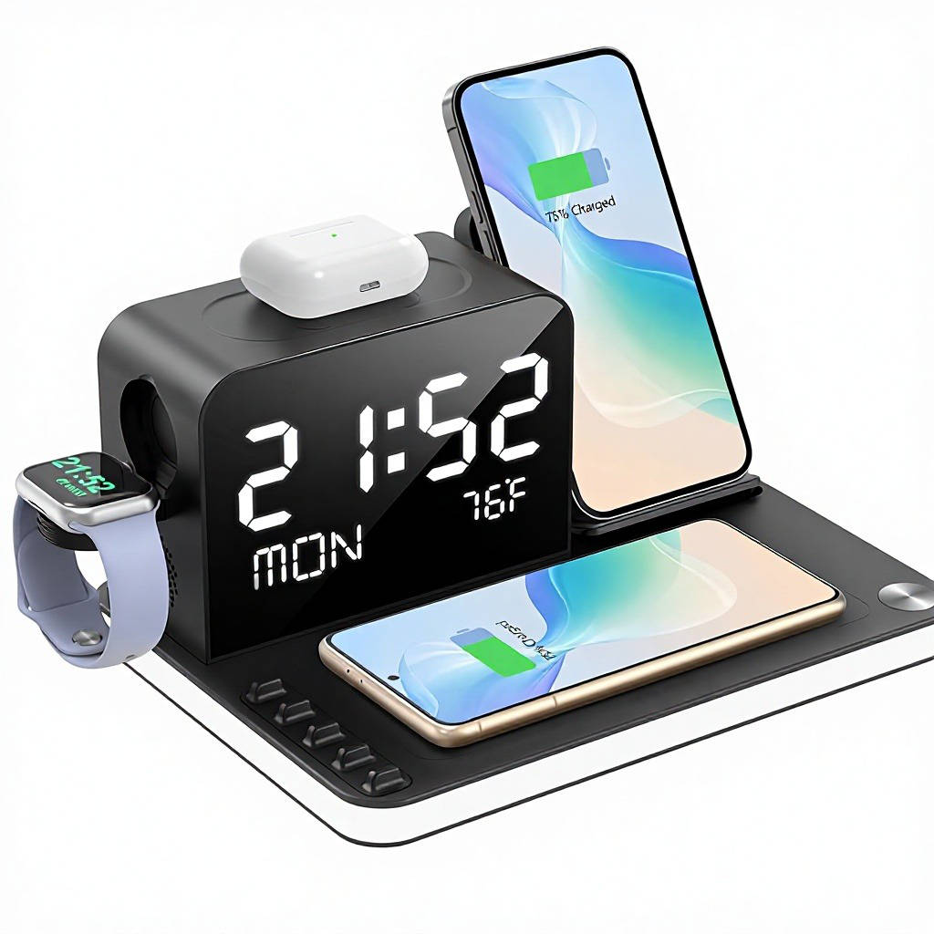 7 in 1 Wireless Charging Station Fast Charger, LED Clock Night Light for iPhone Android Apple Watch AirPods