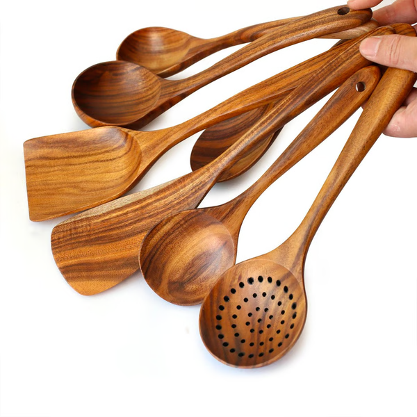 Teak Wood Cooking Utensils Set with Heat-Resistant Handle and Non-Stick Cookware Safe, 8-Piece Handcrafted