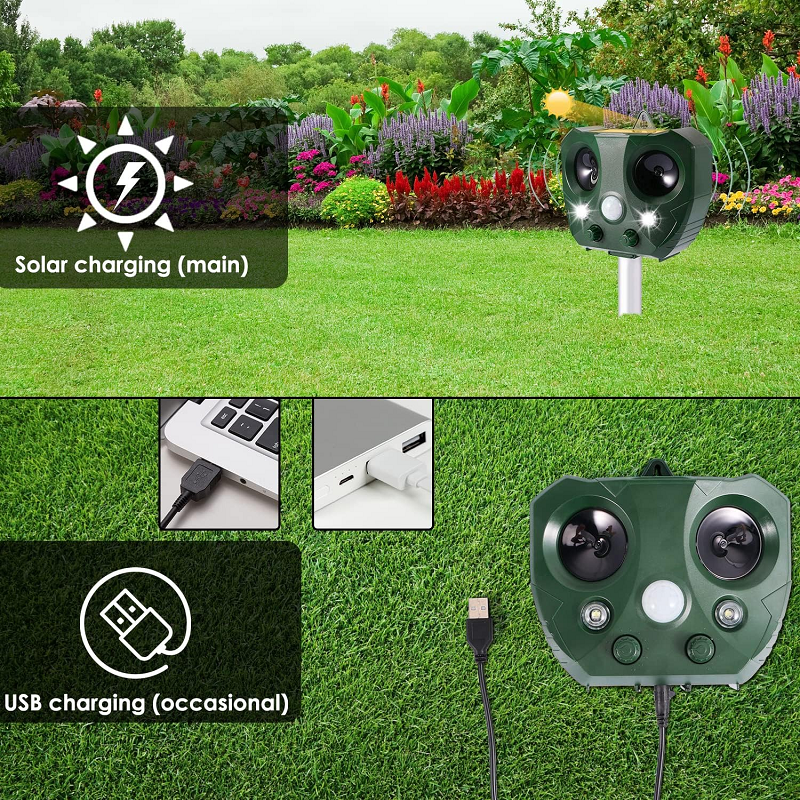 Outdoor Ultrasonic Animal Repeller with Solar Panel and LED Flashing Light, IP44 Waterproof