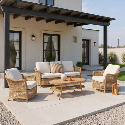 Vino Outdoor Sofa Set with Coffee Table, Beige Cushions, Rattan with Aluminum Frame