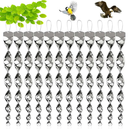 Spiral Bird Deterrent Rod with Reflective Silver Surface and Rope Hanging