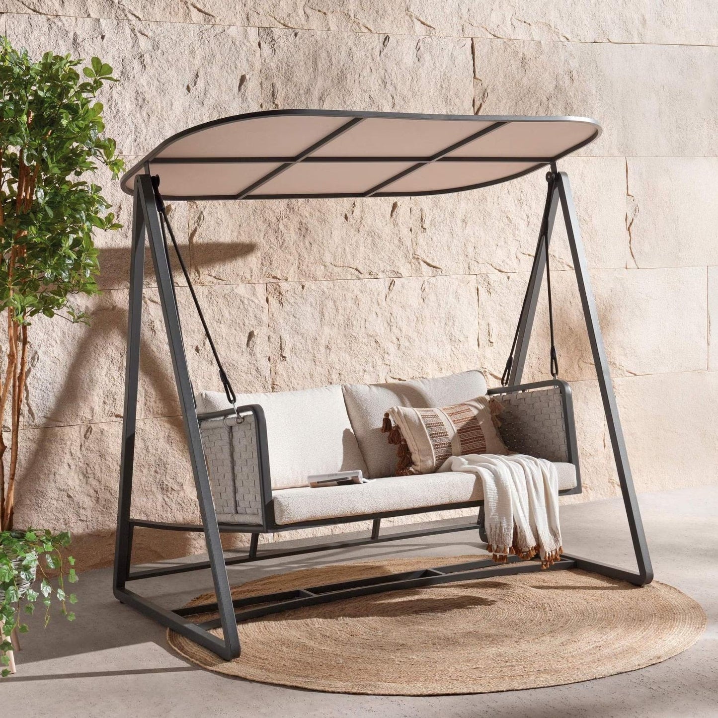 Outdoor 2-Seater Swing with Cushions, Beige with Black frame