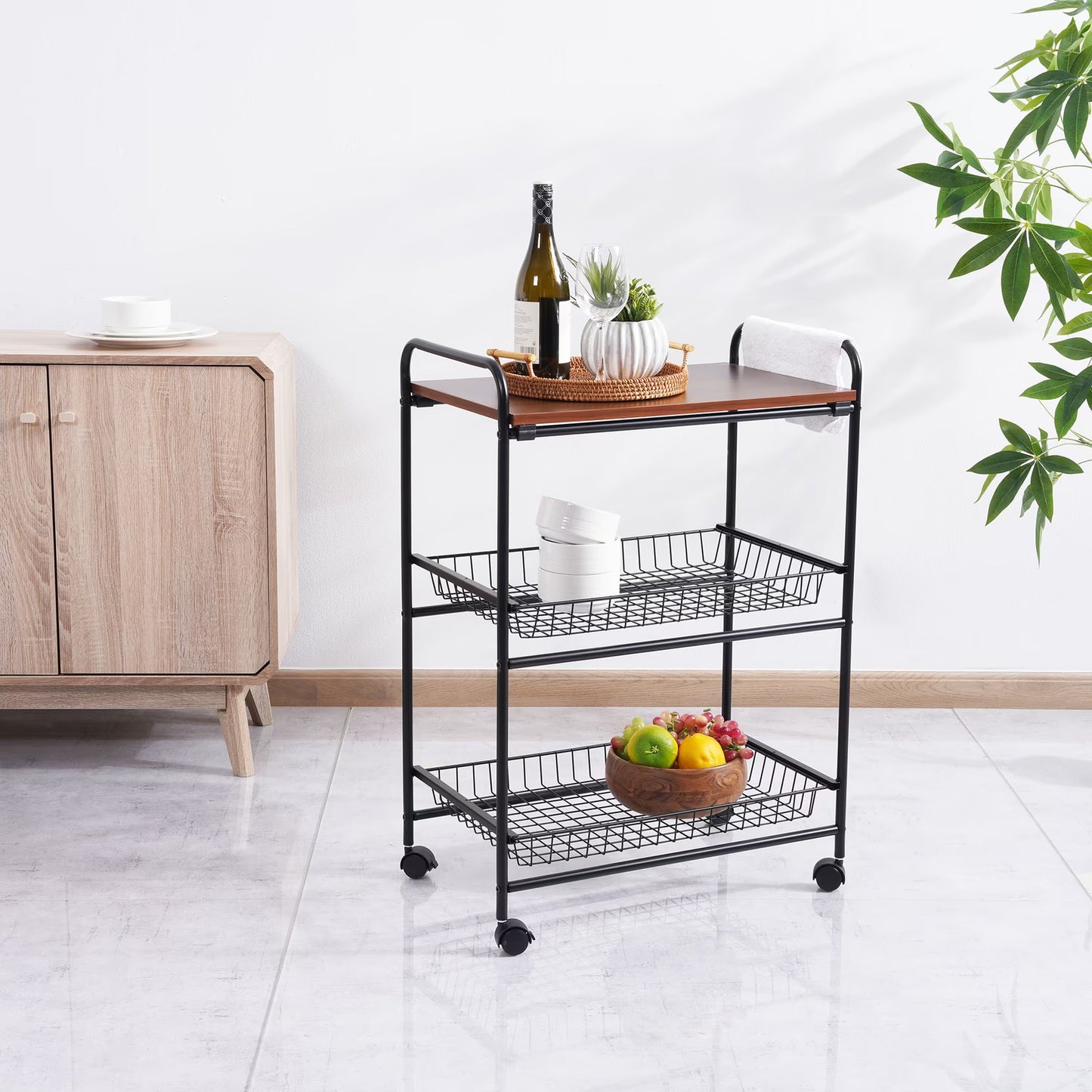 3-Tier Kitchen Trolley with Wooden Top, Black Metal Storage Cart with Wheels