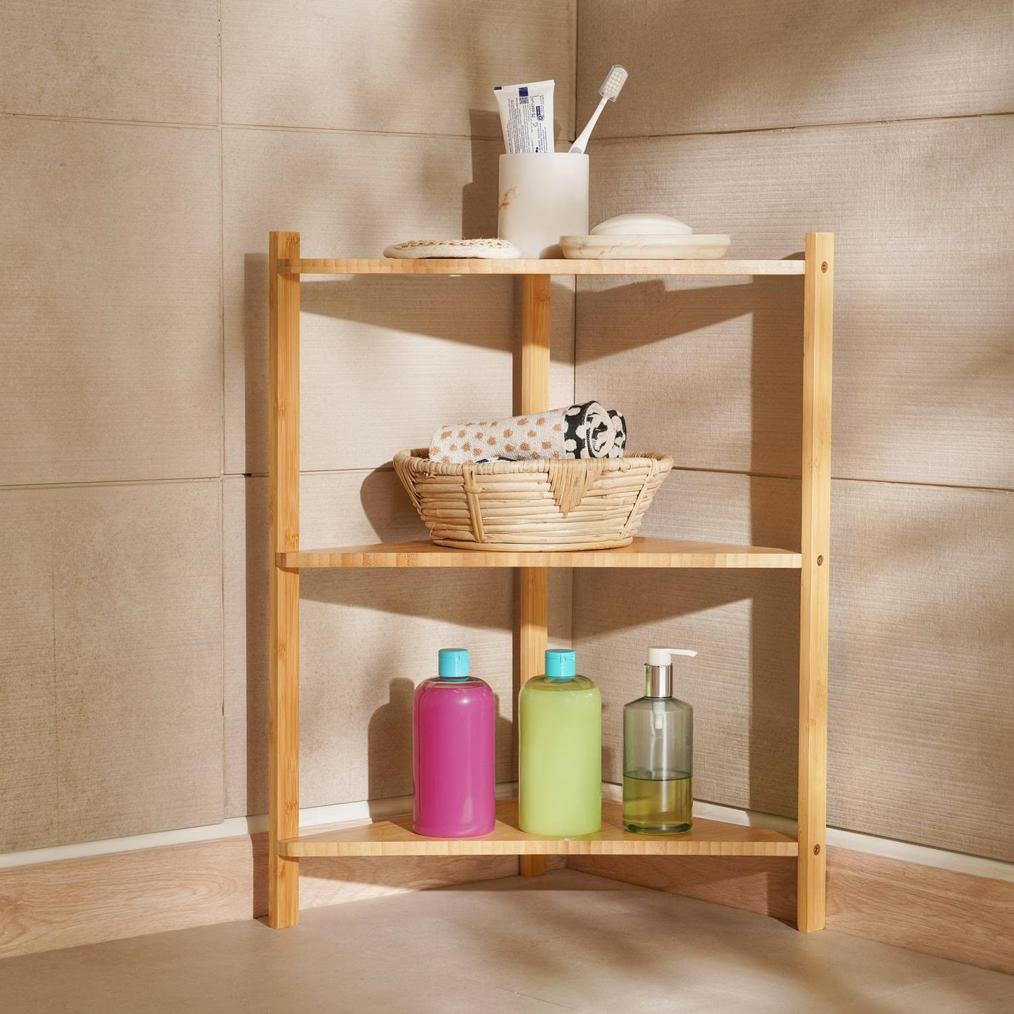 Bamboo 3-Tier Corner Shelf Unit, Space-Saving Bathroom Storage