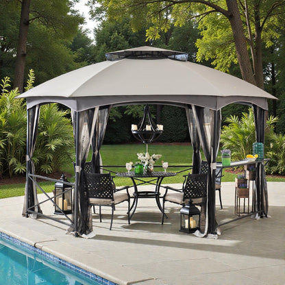 Hexo 15x15 ft Hexagon Soft Top Gazebo with Netting and Bar Shelf, 2-Tier Ventilated Roof