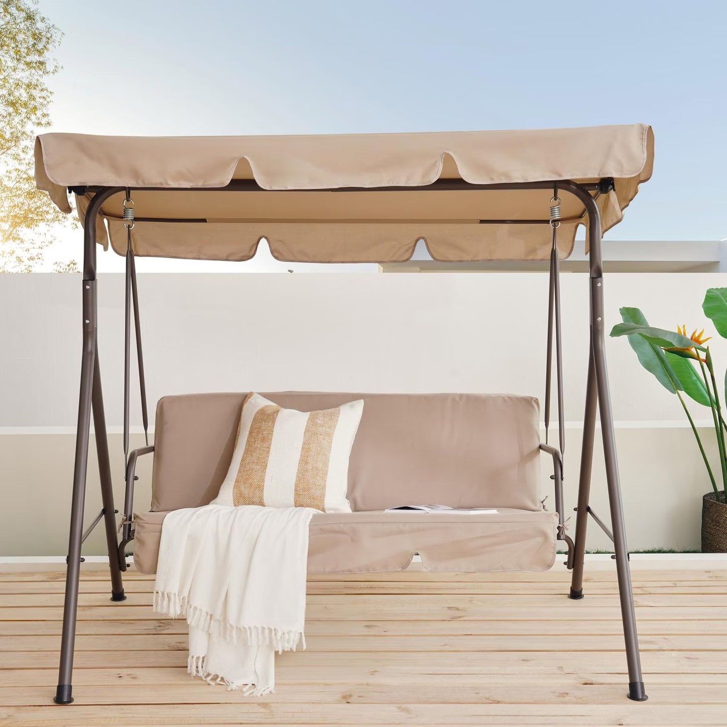Calden Beige 3-Seater Outdoor Swing with Removable Canopy