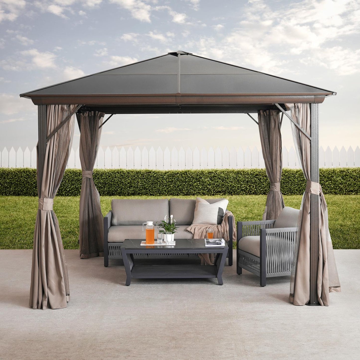 Mavren Outdoor Gazebo 3x3x2.8m, Brown Curtains with Black frame