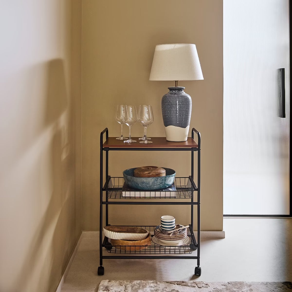 3-Tier Kitchen Trolley with Wooden Top, Black Metal Storage Cart with Wheels