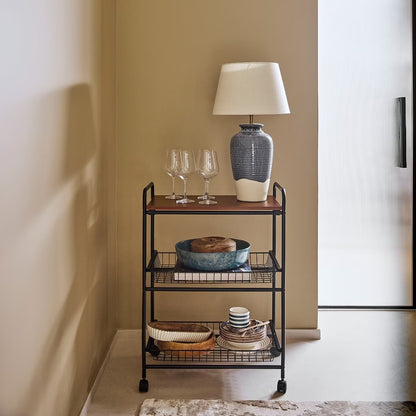 3-Tier Kitchen Trolley with Wooden Top, Black Metal Storage Cart with Wheels