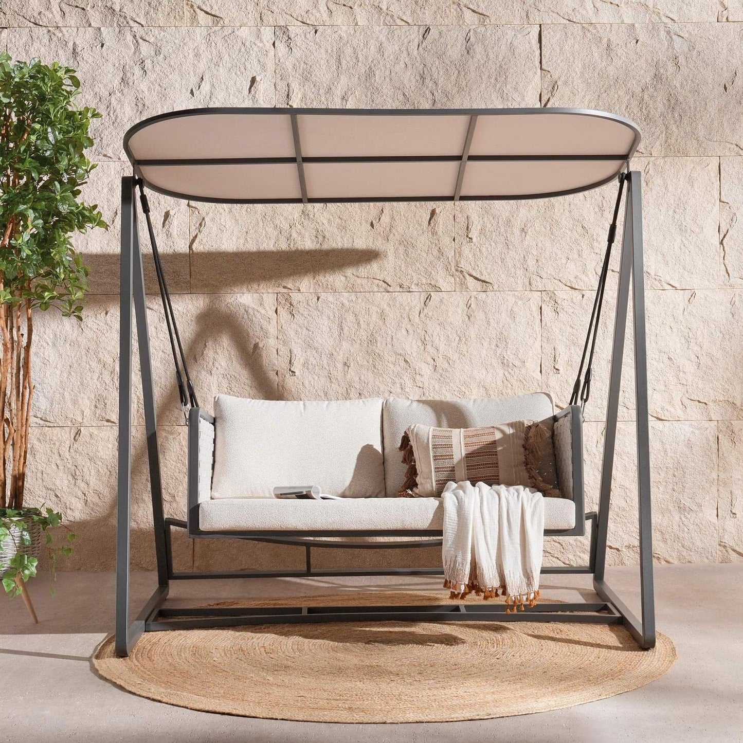 Outdoor 2-Seater Swing with Cushions, Beige with Black frame