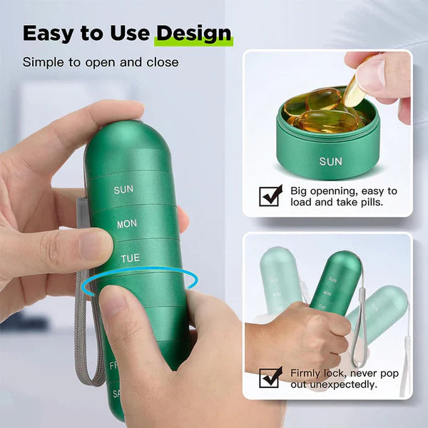 Pill Organizer with Aluminum Alloy Construction and Waterproof Silicone Seals, 7-Day Weekly Compartments