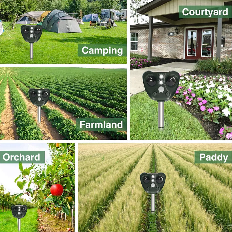 Outdoor Ultrasonic Animal Repeller with Solar Panel and LED Flashing Light, IP44 Waterproof