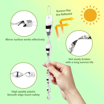 Spiral Bird Deterrent Rod with Reflective Silver Surface and Rope Hanging