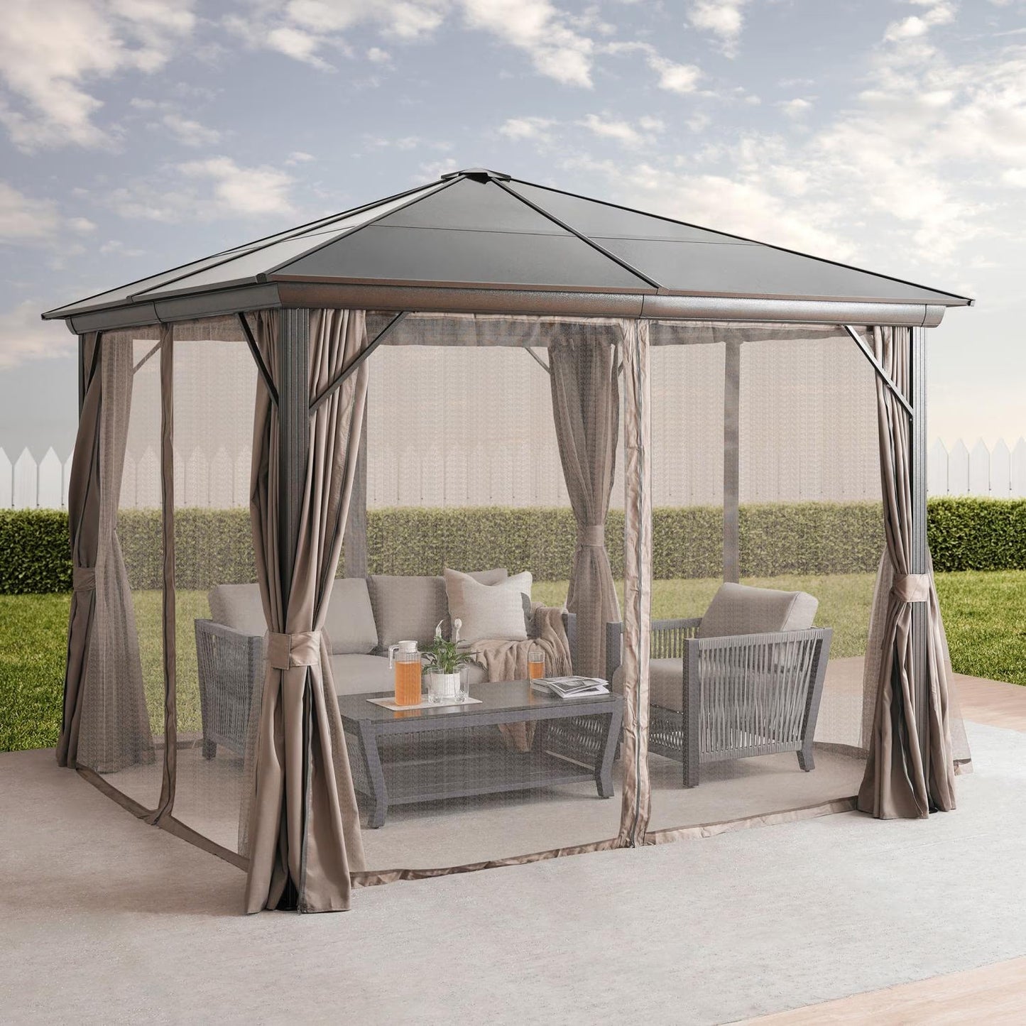 Mavren Outdoor Gazebo 3x3x2.8m, Brown Curtains with Black frame
