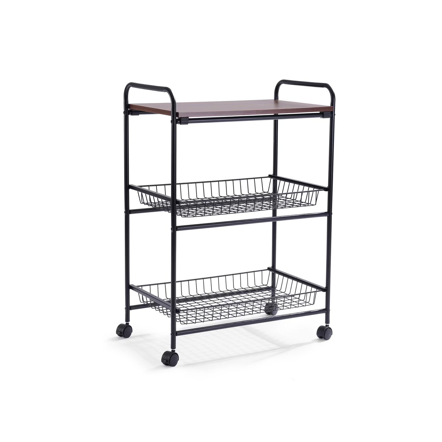 3-Tier Kitchen Trolley with Wooden Top, Black Metal Storage Cart with Wheels
