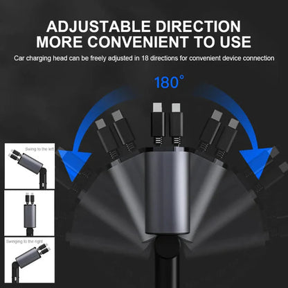 Retractable Car Charger with Dual Cables and Four Charging Ports