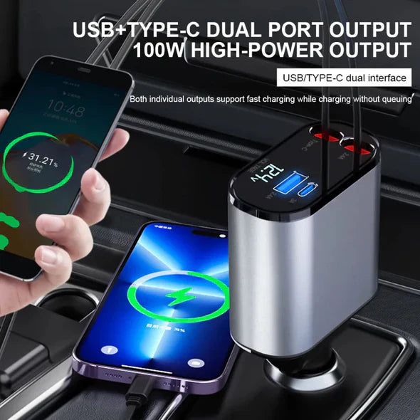 Retractable Car Charger with Dual Cables and Four Charging Ports