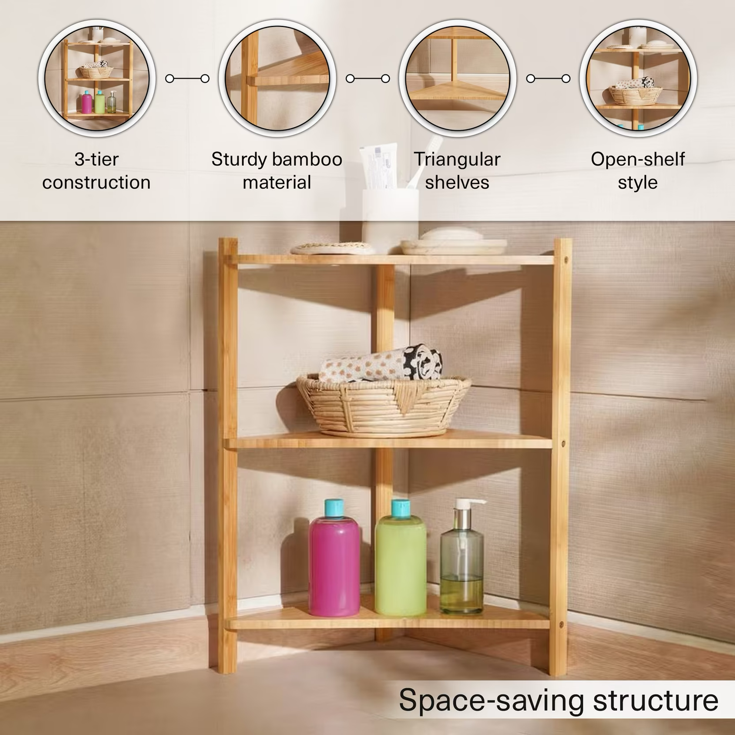 Bamboo 3-Tier Corner Shelf Unit, Space-Saving Bathroom Storage
