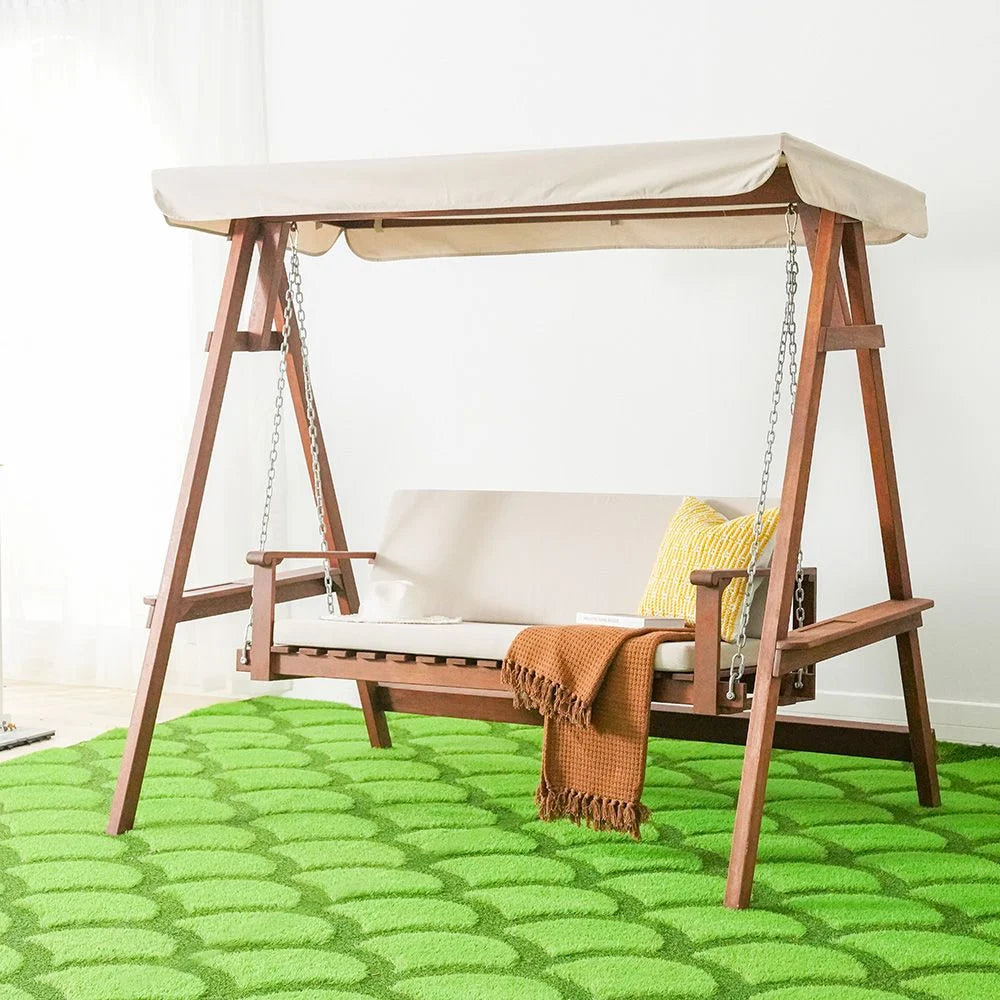 Alda 2-Seater Wooden Outdoor Swing with Canopy – Brown/Beige, Fabric Cushions, 55.1x80.3x77.6in