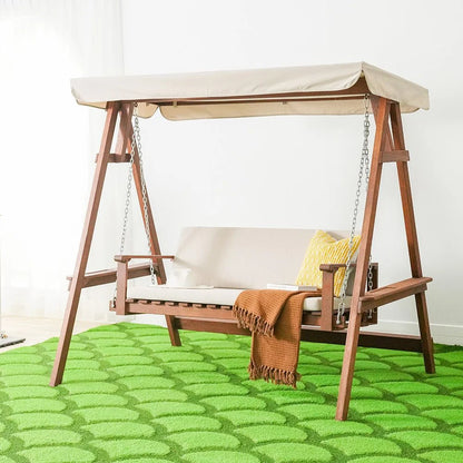 Alda 2-Seater Wooden Outdoor Swing with Canopy – Brown/Beige, Fabric Cushions, 55.1x80.3x77.6in