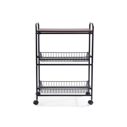 3-Tier Kitchen Trolley with Wooden Top, Black Metal Storage Cart with Wheels