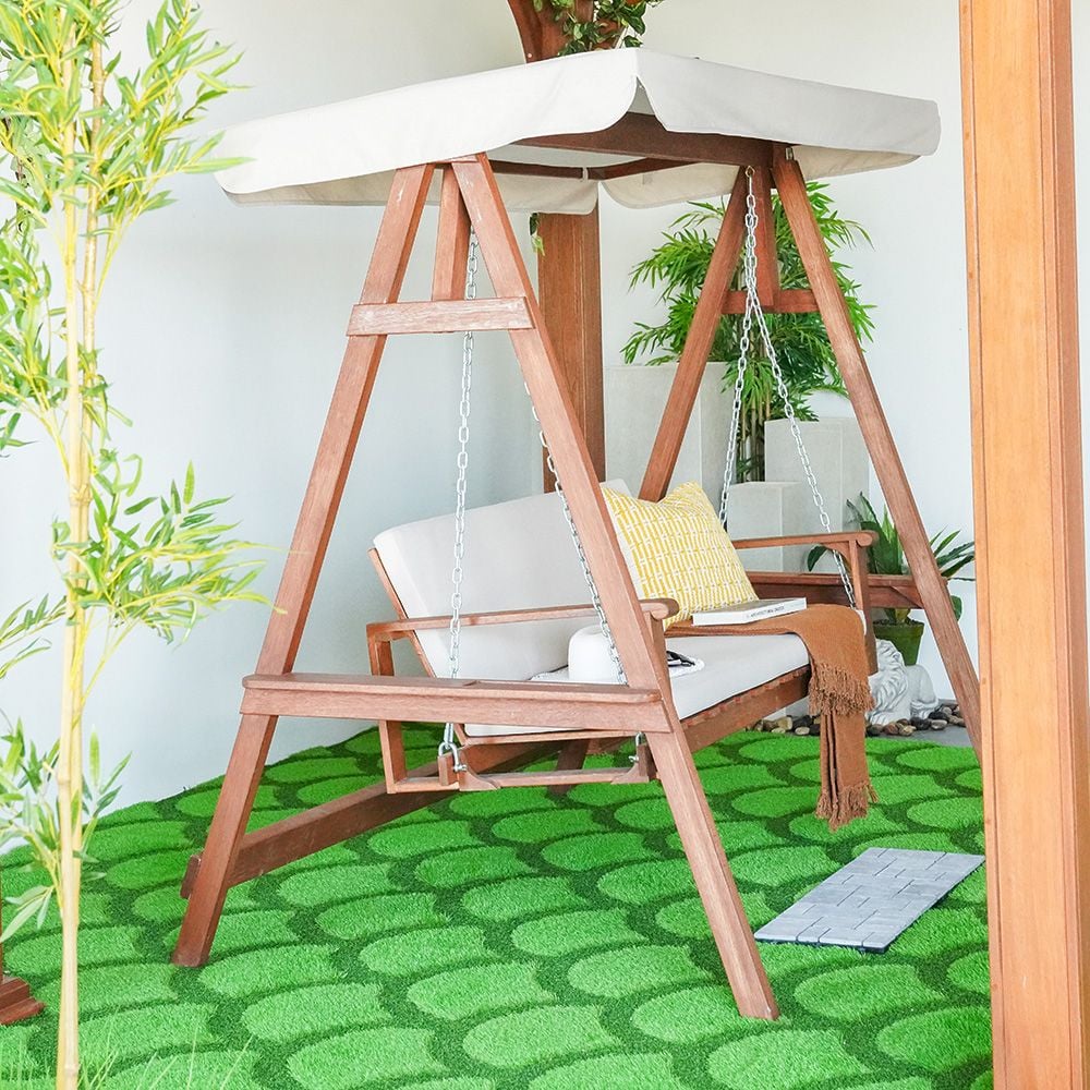 Alda 2-Seater Wooden Outdoor Swing with Canopy – Brown/Beige, Fabric Cushions, 55.1x80.3x77.6in