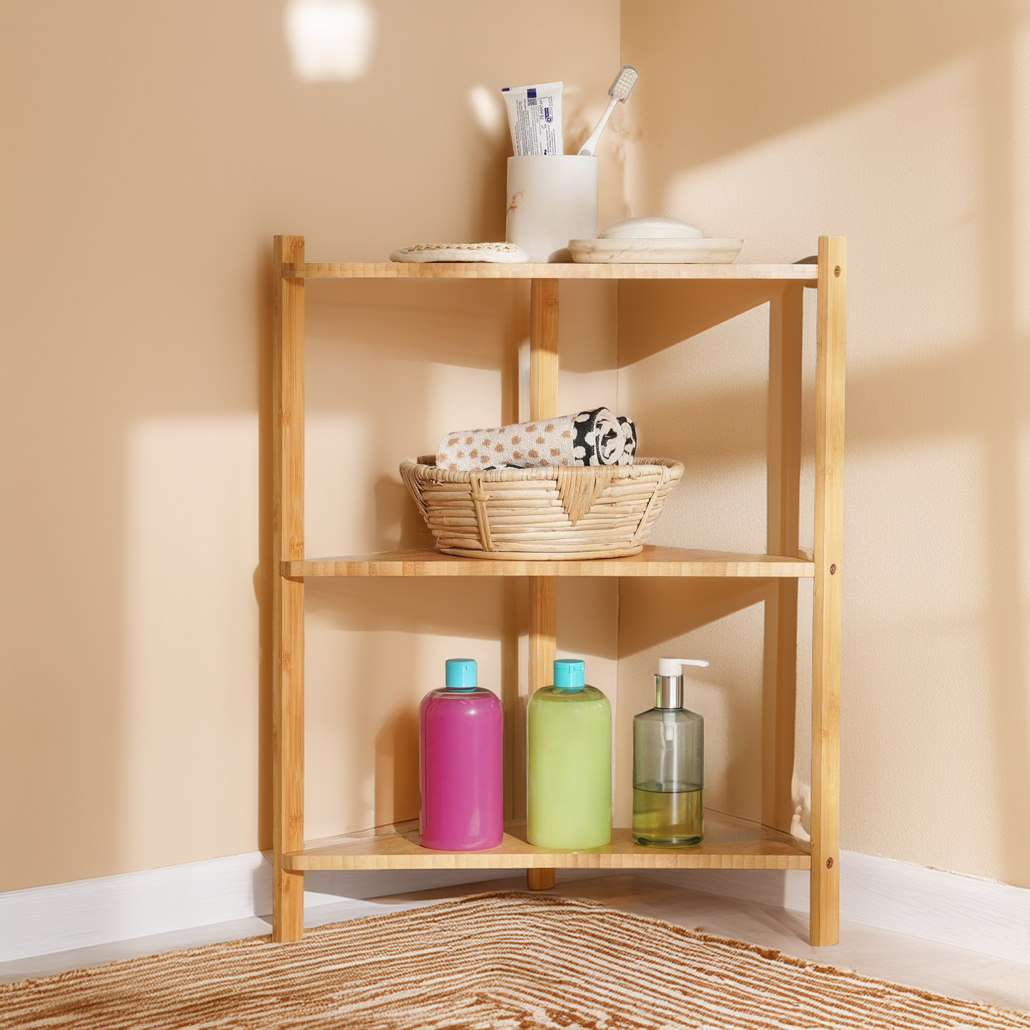 Bamboo 3-Tier Corner Shelf Unit, Space-Saving Bathroom Storage