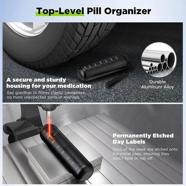 Pill Organizer with Aluminum Alloy Construction and Waterproof Silicone Seals, 7-Day Weekly Compartments