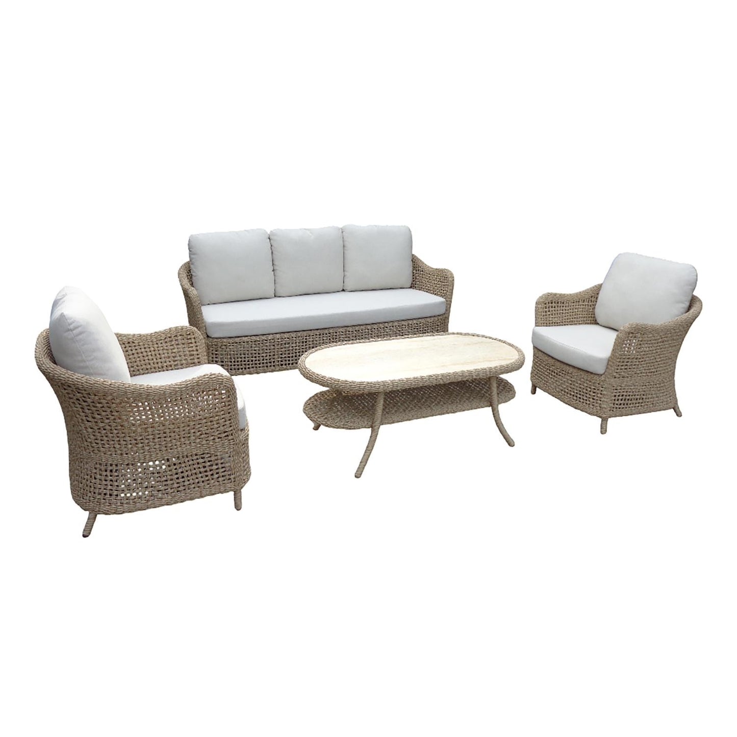 Vino Outdoor Sofa Set with Coffee Table, Beige Cushions, Rattan with Aluminum Frame