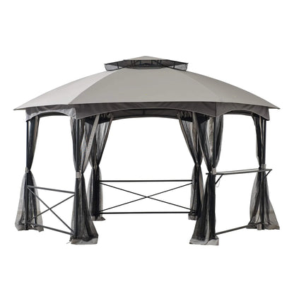 Hexo 15x15 ft Hexagon Soft Top Gazebo with Netting and Bar Shelf, 2-Tier Ventilated Roof