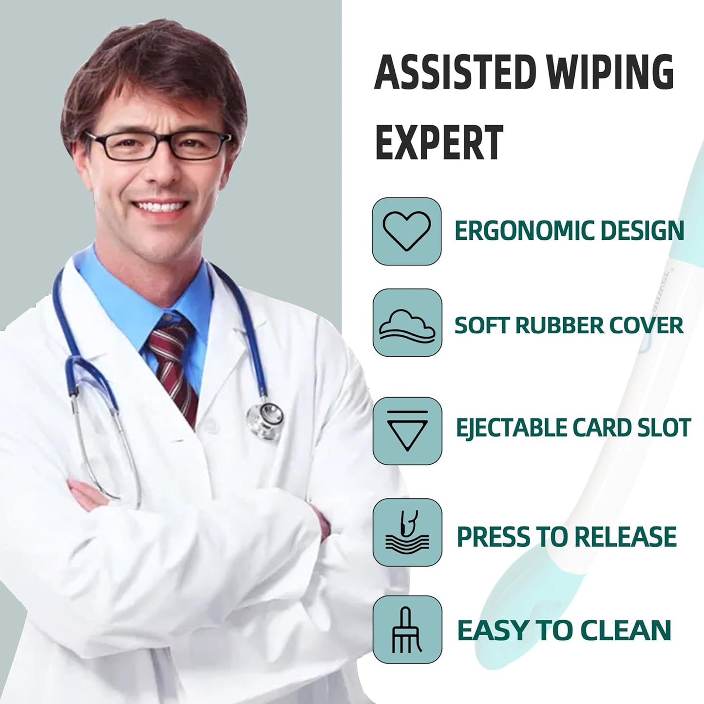 Extended Reach Personal Hygiene Tool with Push-Button Release and Cushioned Grip, 2-Pack