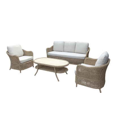 Vino Outdoor Sofa Set with Coffee Table, Beige Cushions, Rattan with Aluminum Frame