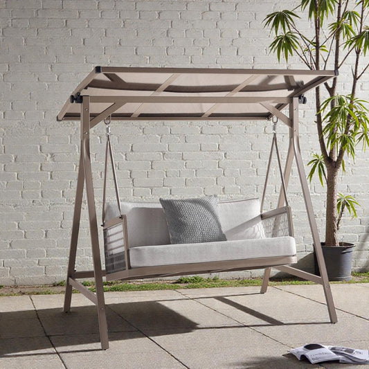 Outdoor 2-Seater Swing, Light Brown Frame with Gray Cushioned Seating