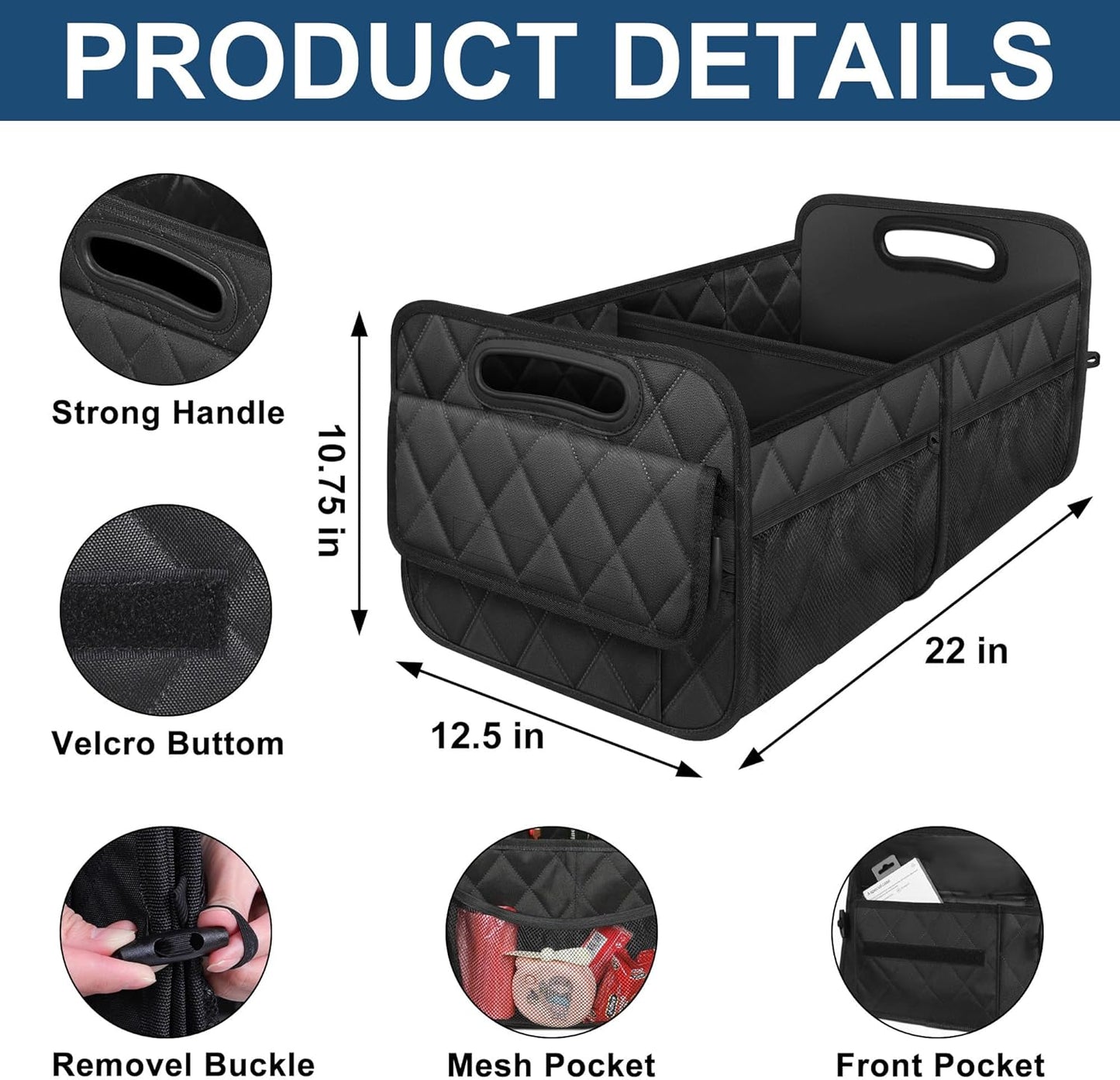 Collapsible Trunk Organizer with Removable Divider and Mesh Pockets, 50L Capacity