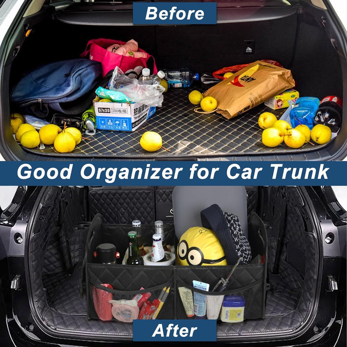Collapsible Trunk Organizer with Removable Divider and Mesh Pockets, 50L Capacity