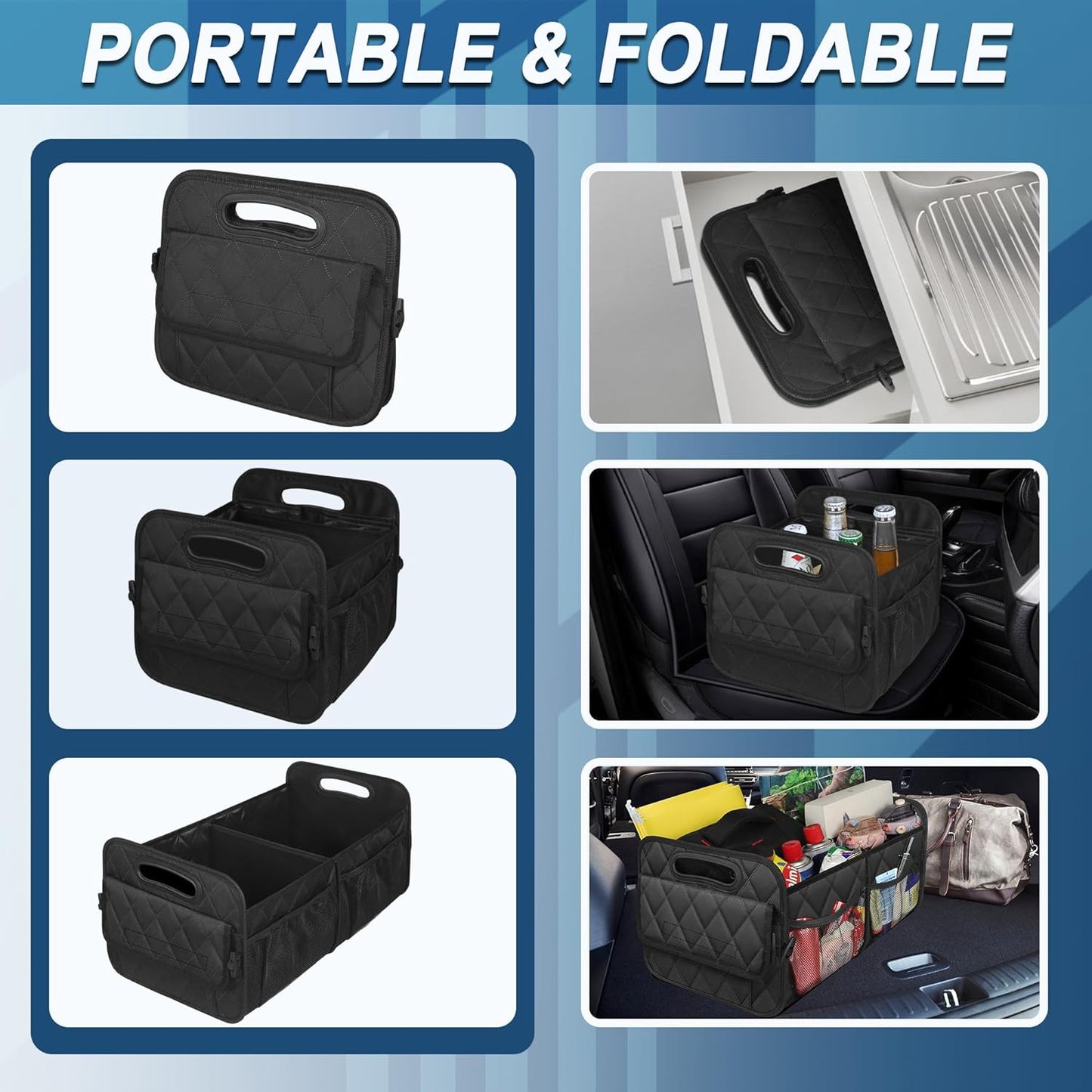 Collapsible Trunk Organizer with Removable Divider and Mesh Pockets, 50L Capacity