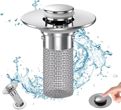 Sink Drain Stopper with Detachable Filter Basket and Press-Activated Seal