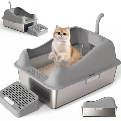 Stainless Steel Cat Litter Box 100L, Enclosed Smart Odor Control Leak Proof Multi Cat Box