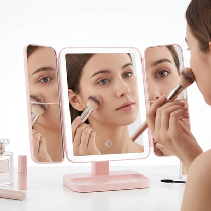 LED Makeup Mirror with Triple Lighting Modes, Dimmable Touch Screen Vanity Mirror, Portable High Definition Tabletop Cosmetic Mirror for Travel & Dressing Room