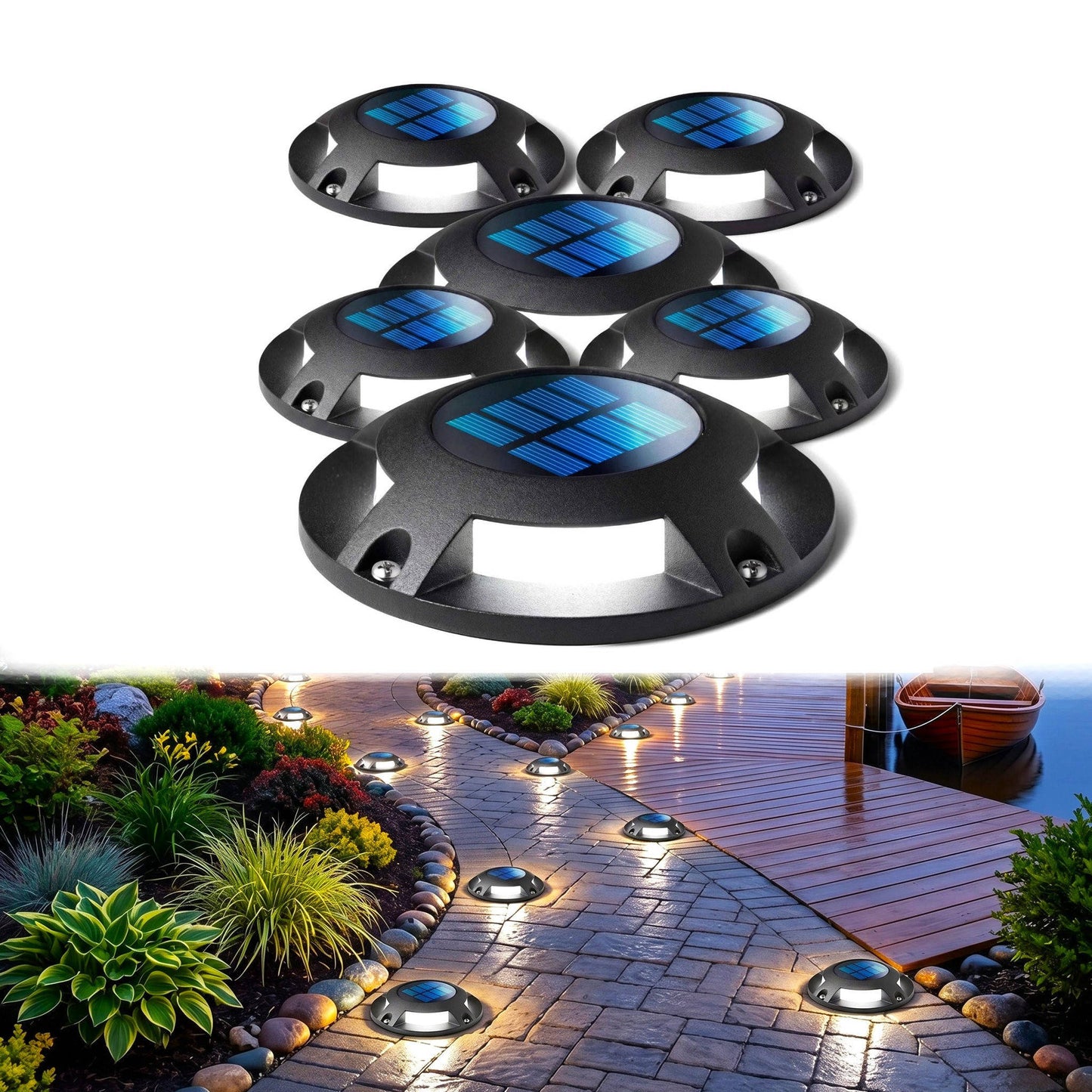 Solar Driveway Lights 6 LED, Outdoor Dock Deck Lights Waterproof Pathway Safety Lighting