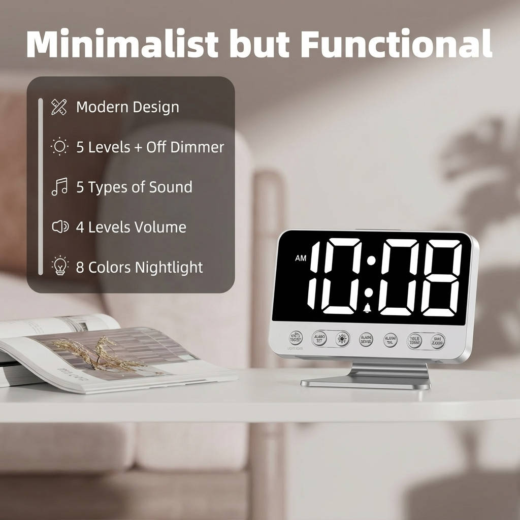 Digital Alarm Clock Bedroom Large Display, Adjustable Brightness Easy Read LED Clock with Night Light