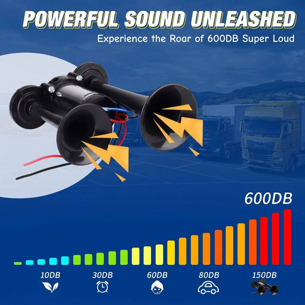 12V Dual Air Horn Kit 600DB, Loud Compressor Horn for Trucks Boats Emergency Alert