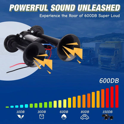 12V Dual Air Horn Kit 600DB, Loud Compressor Horn for Trucks Boats Emergency Alert