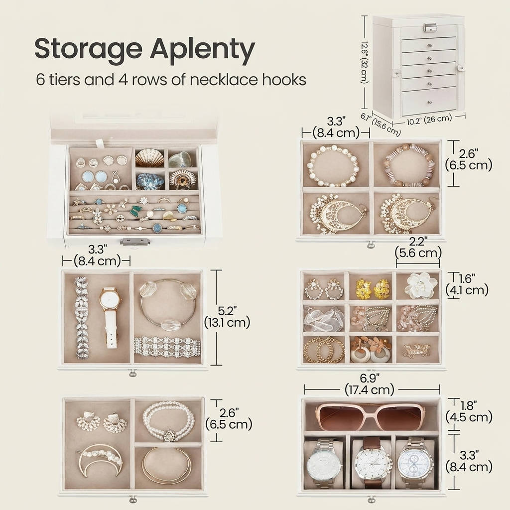 Large Jewelry Box Organizer 6 Tier, Lockable Jewelry Storage Case with Drawers Mirror