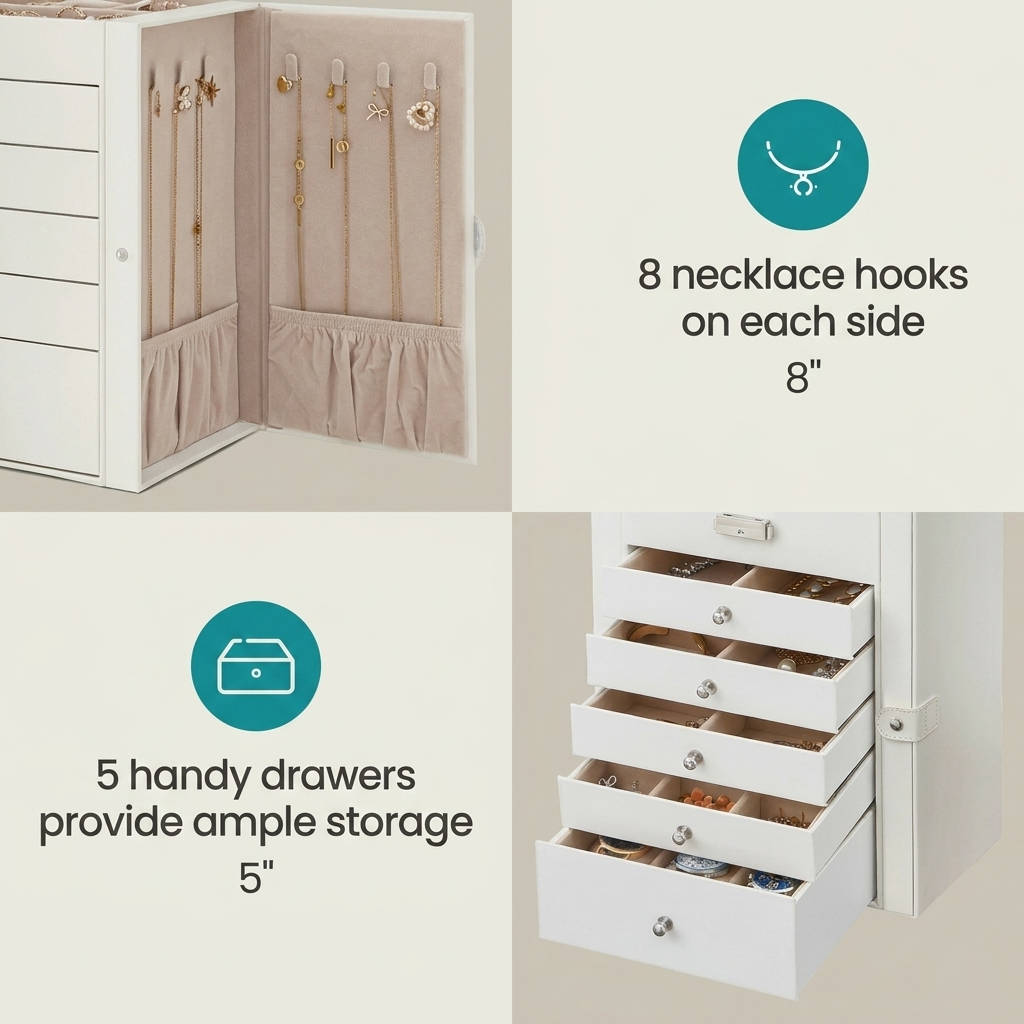 Large Jewelry Box Organizer 6 Tier, Lockable Jewelry Storage Case with Drawers Mirror