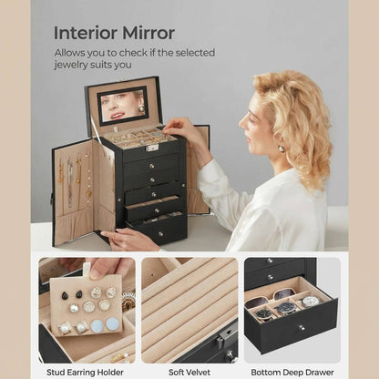 Large Jewelry Box Organizer 6 Tier, Lockable Jewelry Storage Case with Drawers Mirror